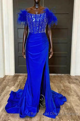 Side Slit Royal Blue Feathered Shoulder Beaded Long Semi Formal Prom Gown